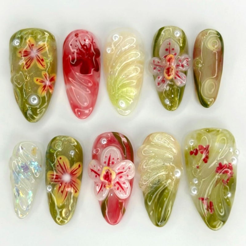 CJDLTS 3D Ripple Flower Press on Nails Almond Shaped with Pearl Design Medium Acrylic False Nail Full Cover Press Ons Floral Stick on Nail Green Smudge French Glue on Nails for Women 24Pcs - Image 1